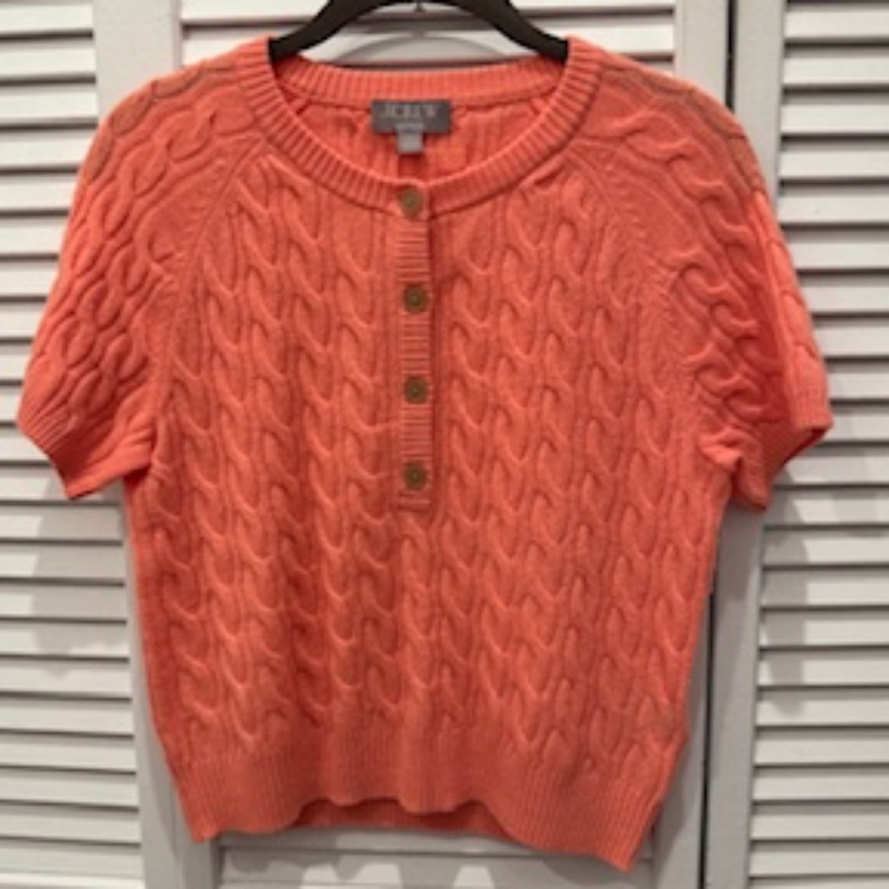 JCREW CASHMERE SS CABLE-KNIT HENLEY STYLE SWEATER, TANGERINE/ORANGE, SIZE SM